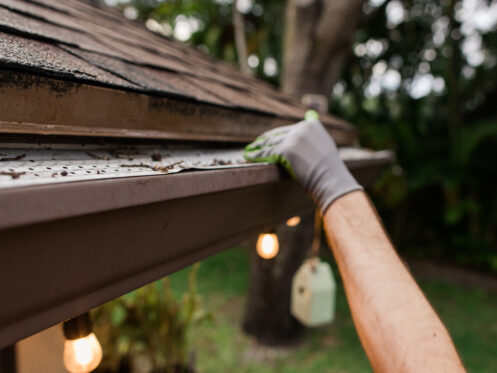 Man clearing leaves and debris from a gutter.